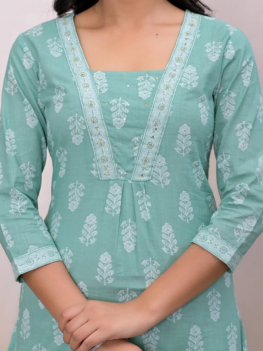 Green Floral Cotton A-Line Suit Set-Yufta Store-7004SKDGRS