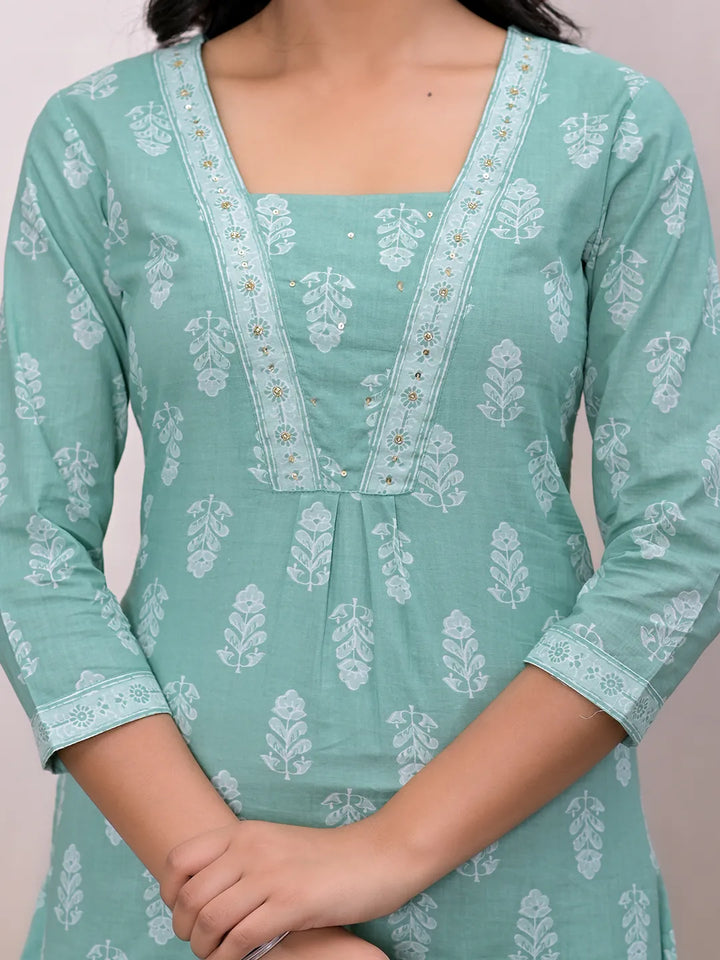 Green Floral Cotton A-Line Suit Set-Yufta Store-7004SKDGRS