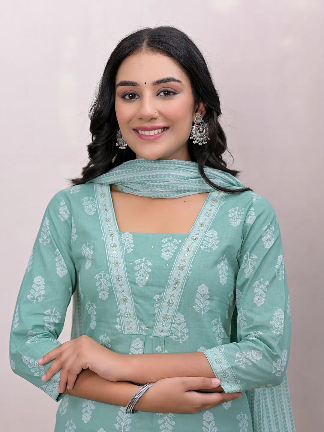 Green Floral Cotton A-Line Suit Set-Yufta Store-7004SKDGRS