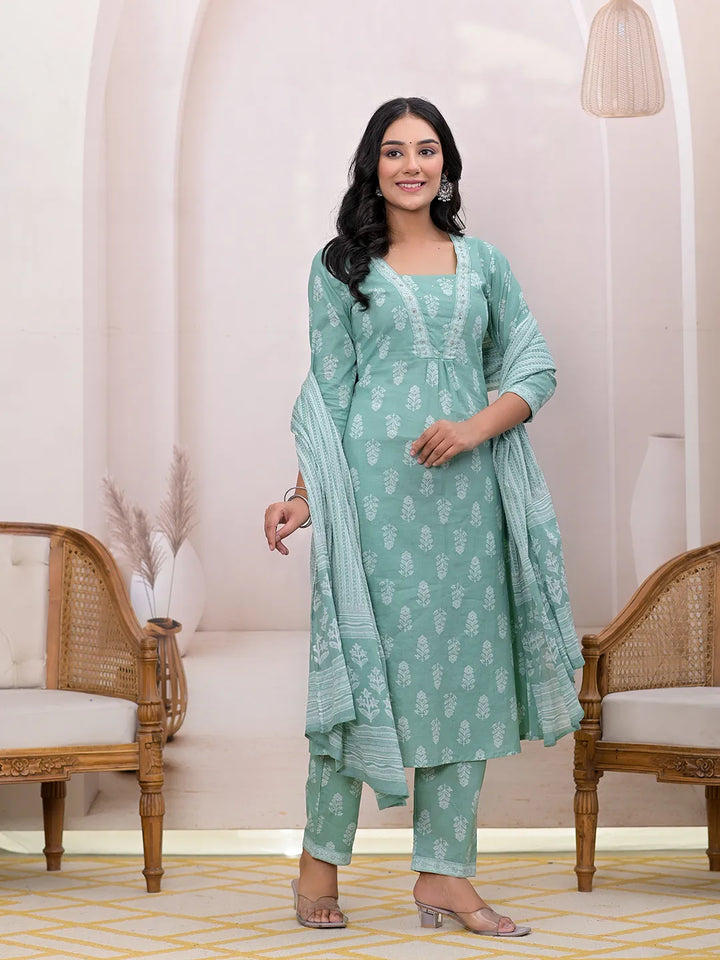 Green Floral Cotton A-Line Suit Set-Yufta Store-7004SKDGRS