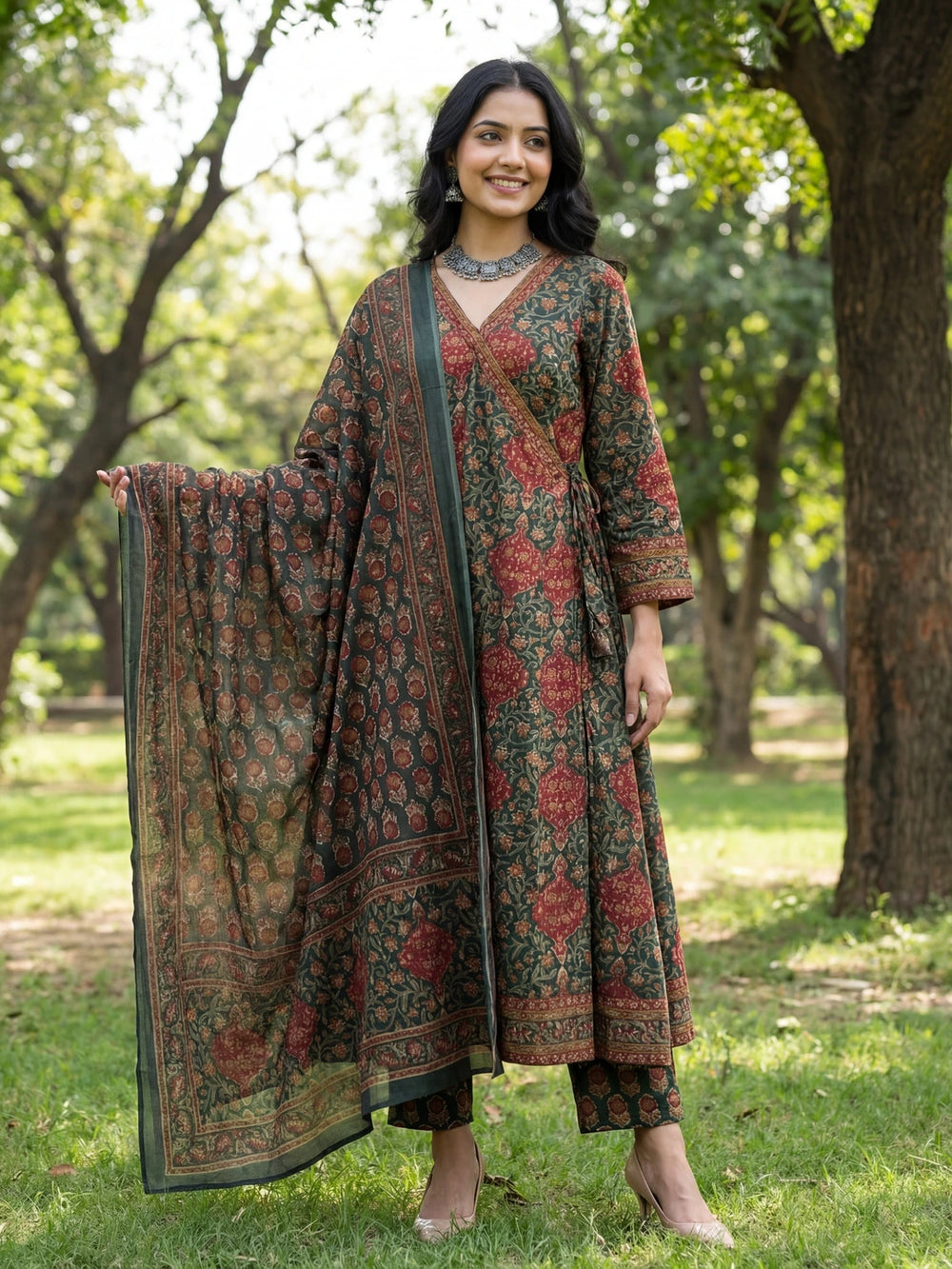 Green Floral Print A-Line Angrakha Kurta Trouser Dupatta Set-Yufta Store-7611SKDGRM