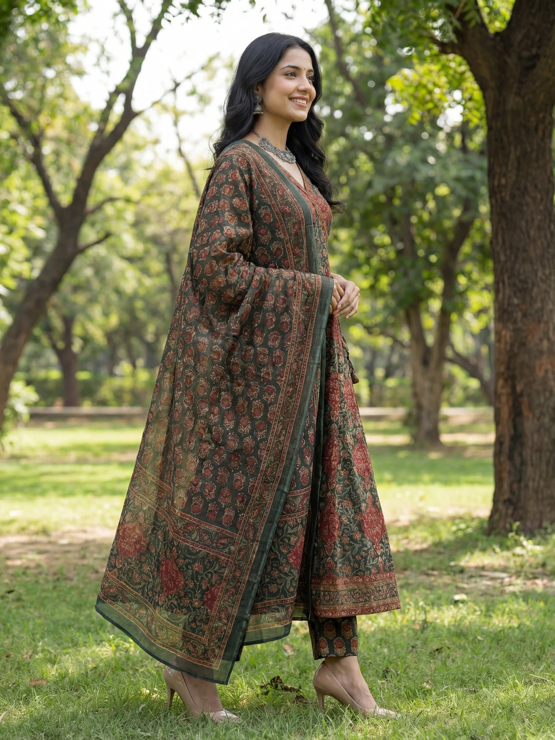 Green Floral Print A-Line Angrakha Kurta Trouser Dupatta Set-Yufta Store-7611SKDGRM