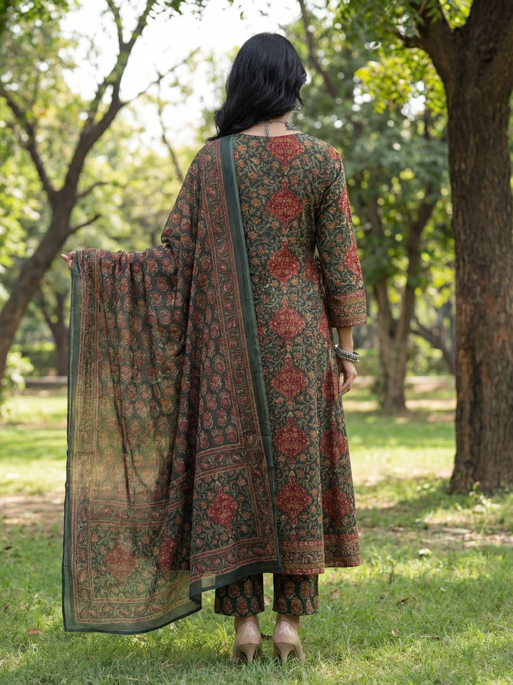 Green Floral Print A-Line Angrakha Kurta Trouser Dupatta Set-Yufta Store-7611SKDGRM