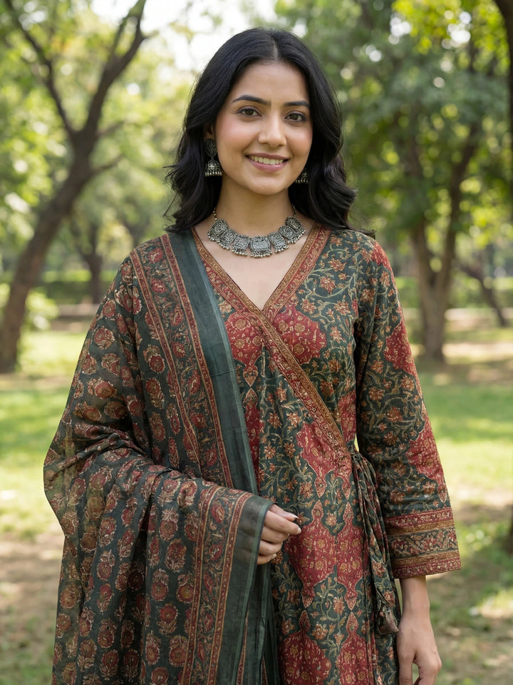 Green Floral Print A-Line Angrakha Kurta Trouser Dupatta Set-Yufta Store-7611SKDGRM