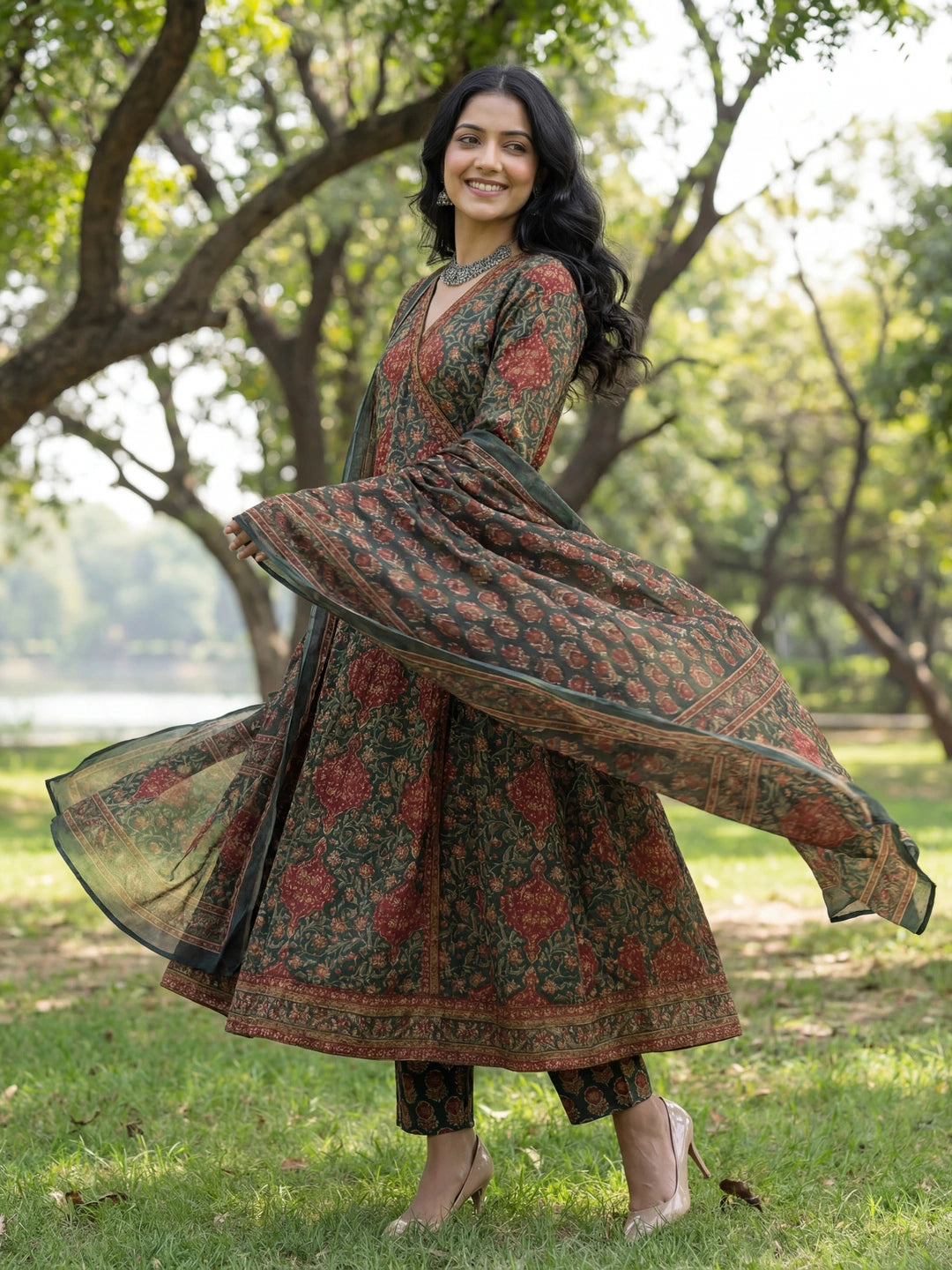 Green Floral Print A-Line Angrakha Kurta Trouser Dupatta Set-Yufta Store-7611SKDGRM