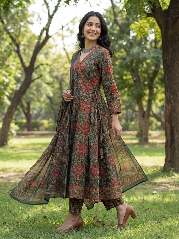 Green Floral Print A-Line Angrakha Kurta Trouser Dupatta Set-Yufta Store-7611SKDGRM