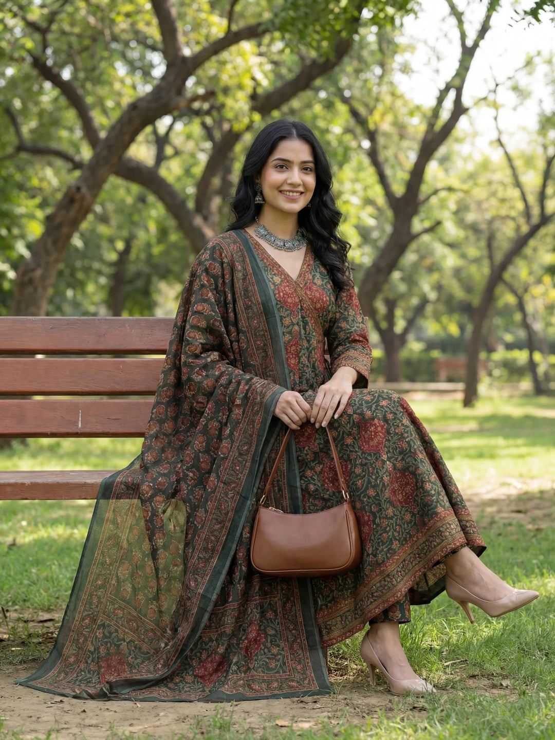 Green Floral Print A-Line Angrakha Kurta Trouser Dupatta Set-Yufta Store-7611SKDGRM