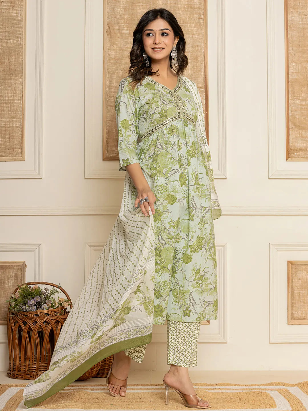 Green Floral Print Cotton Alia-Cut Kurta And Trousers With Dupatta-Yufta Store-A103SKDGRM