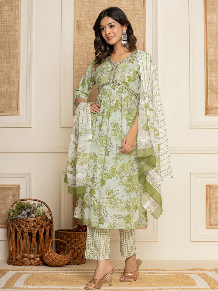 Green Floral Print Cotton Alia-Cut Kurta And Trousers With Dupatta-Yufta Store-A103SKDGRM