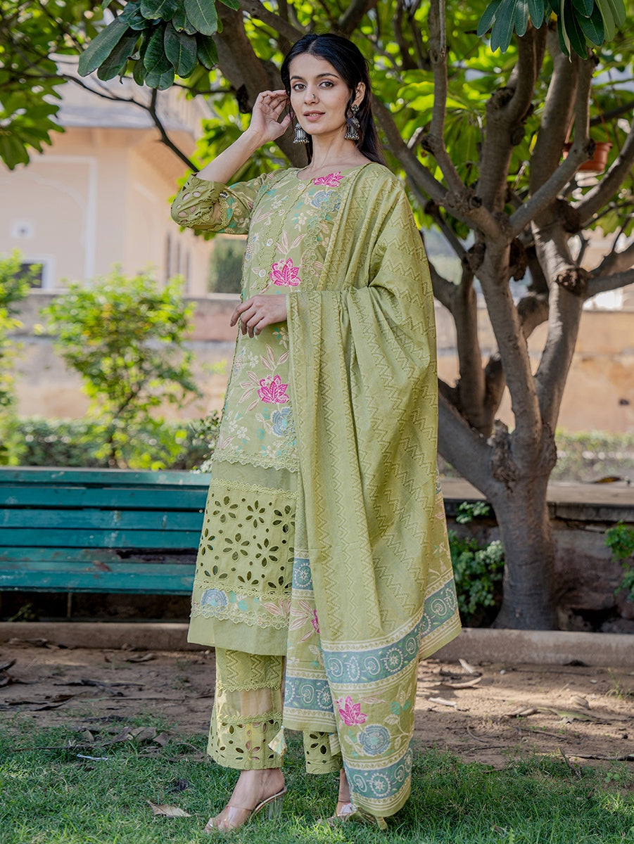 Green Floral Print,Less Kurta Cotton Kurta Dupatta Set-Yufta Store-6801SKDGRS