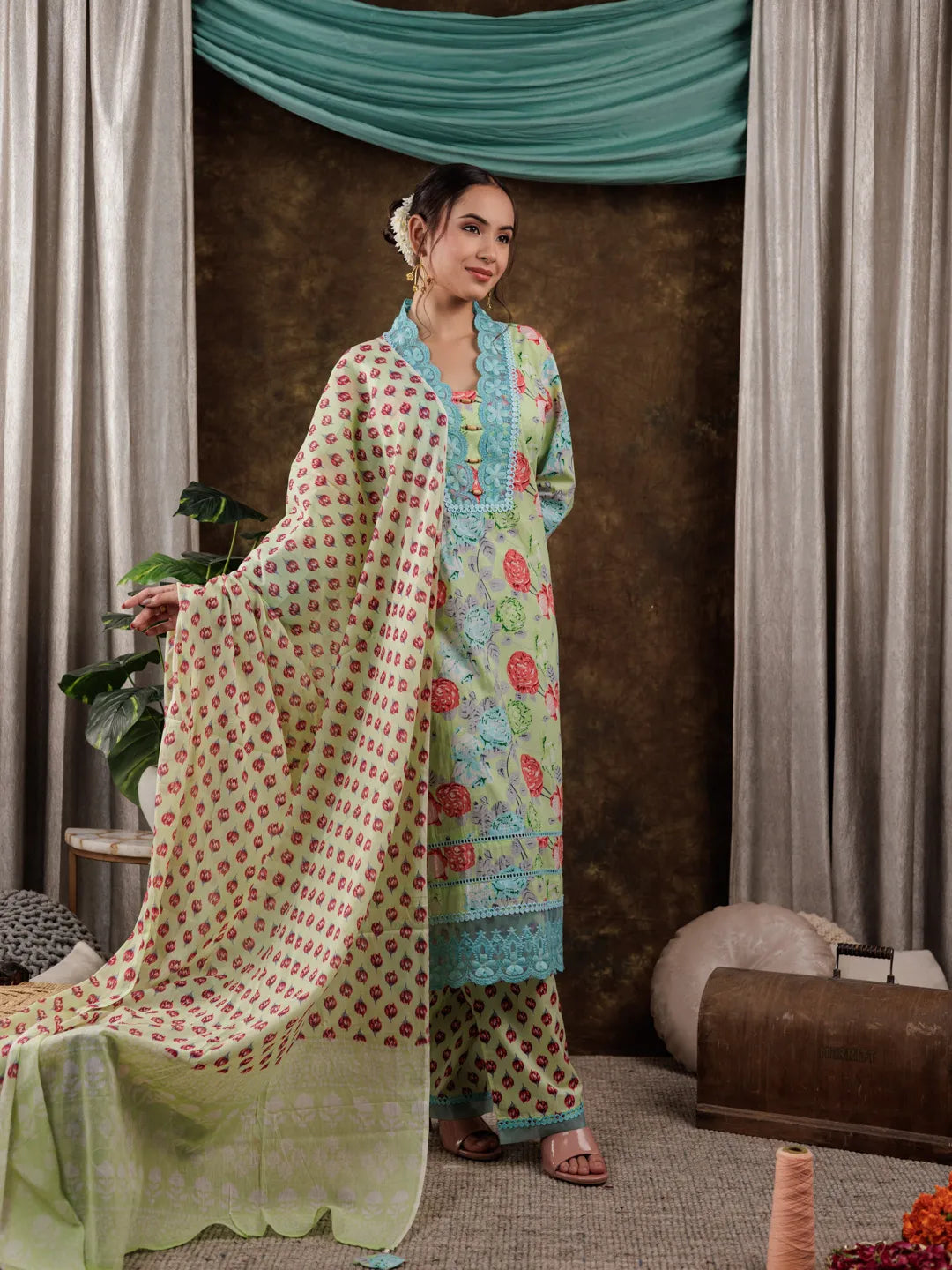 Green Floral Print Pure Cotton Beads Straight Kurta Dupatta Set With Lace Detailing-Yufta Store-7183SKDGRS