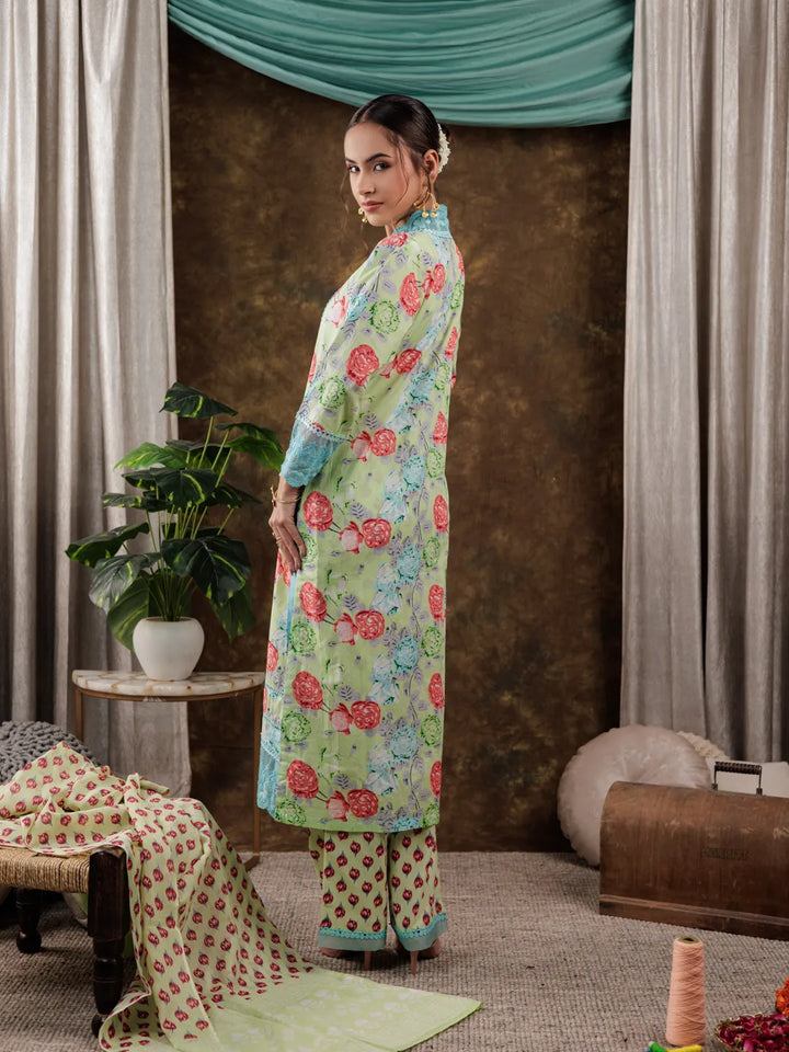 Green Floral Print Pure Cotton Beads Straight Kurta Dupatta Set With Lace Detailing-Yufta Store-7183SKDGRS