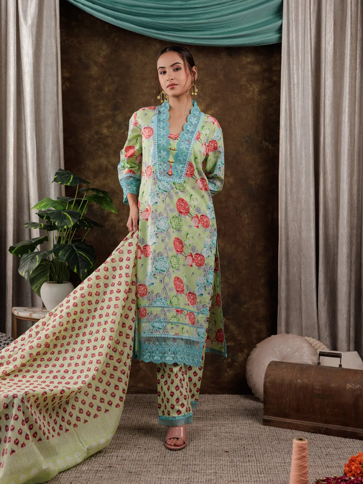 Green Floral Print Pure Cotton Beads Straight Kurta Dupatta Set With Lace Detailing-Yufta Store-7183SKDGRS