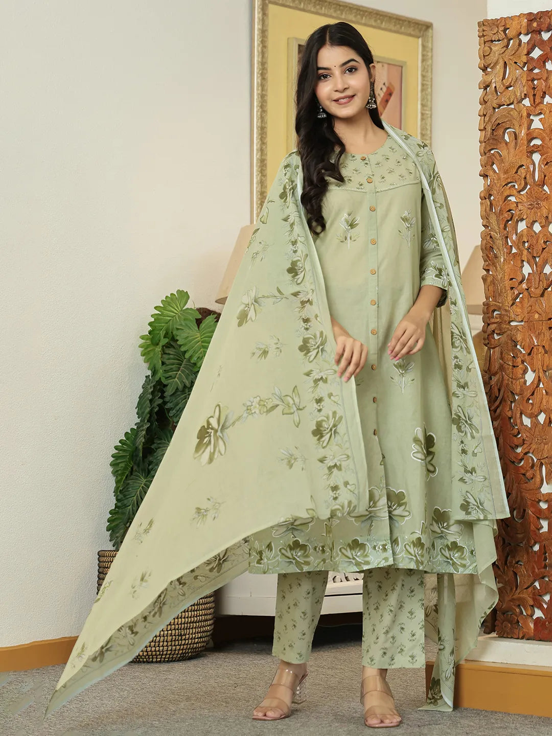 Green Floral Print Pure Cotton Kantha Work A-Line Kurta Trouser Dupatta Set