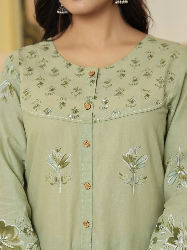 Green Floral Print Pure Cotton Kantha Work A-Line Kurta Trouser Dupatta Set