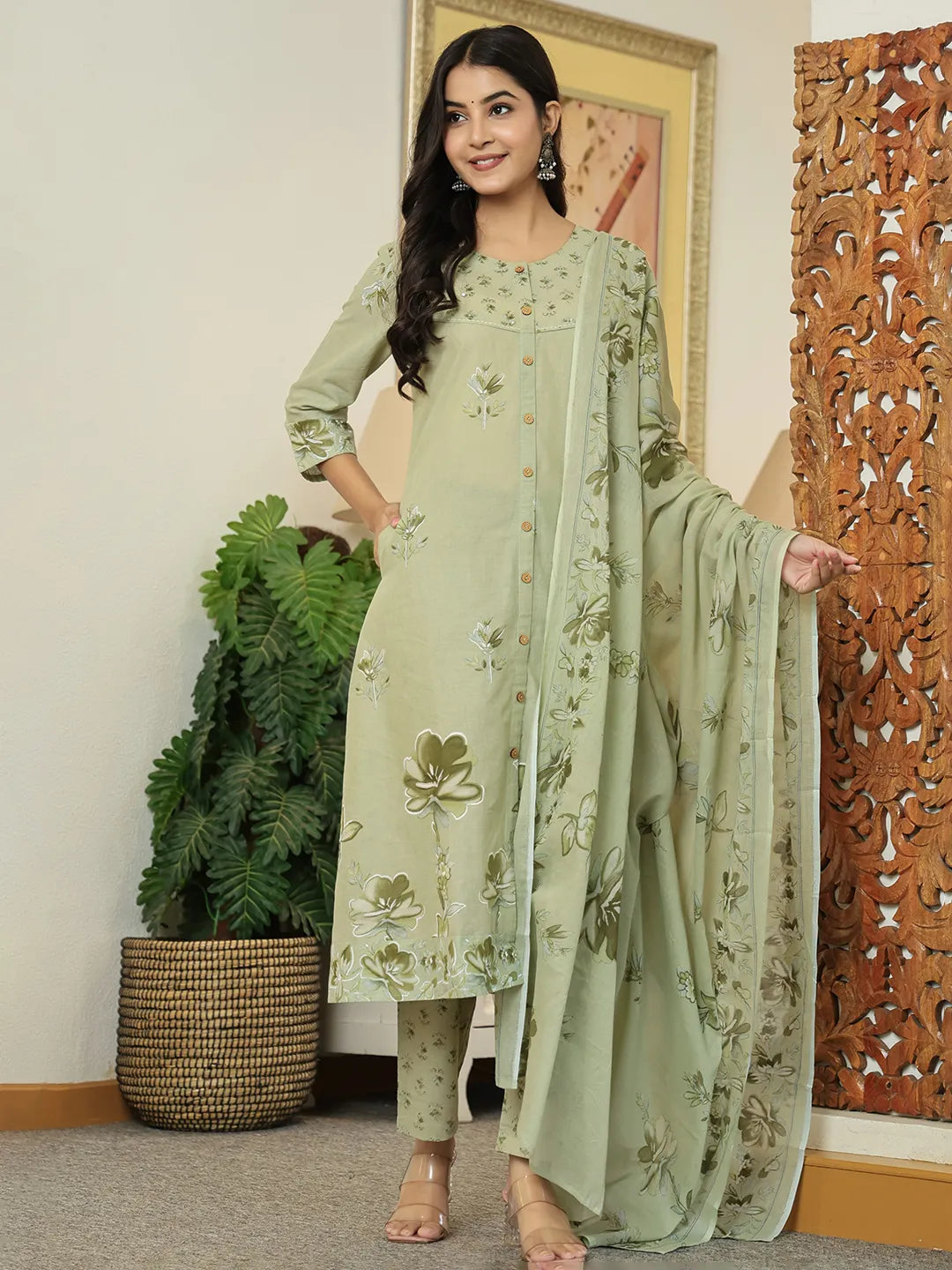 Green Floral Print Pure Cotton Kantha Work A-Line Kurta Trouser Dupatta Set