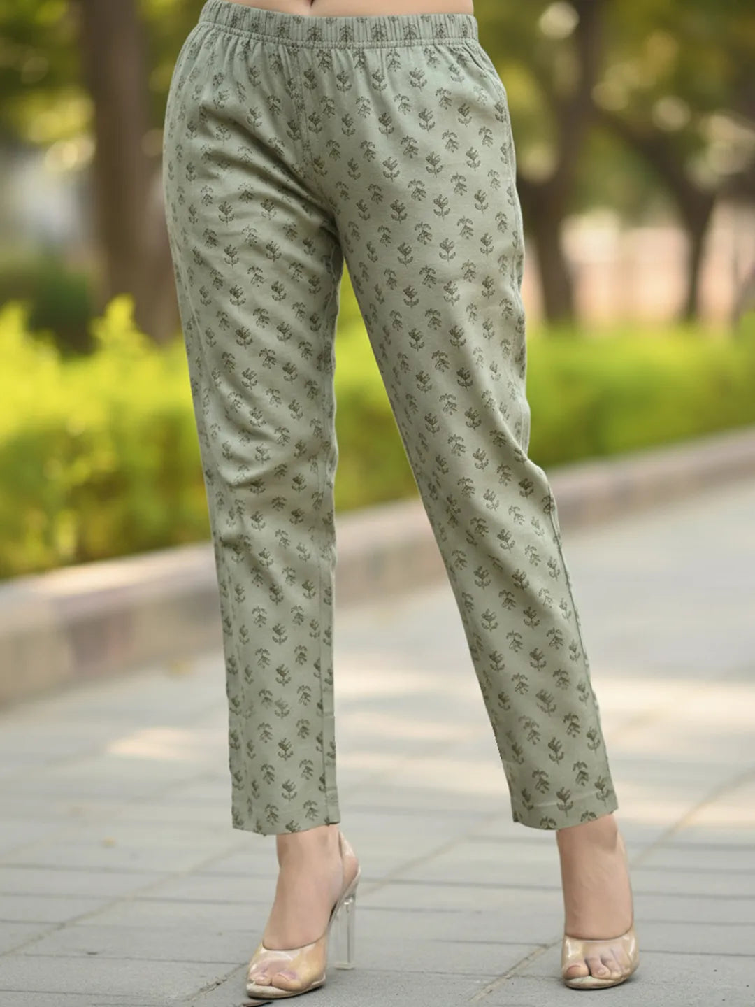 Green Floral Print Pure Cotton Kantha Work A-Line Kurta Trouser Dupatta Set