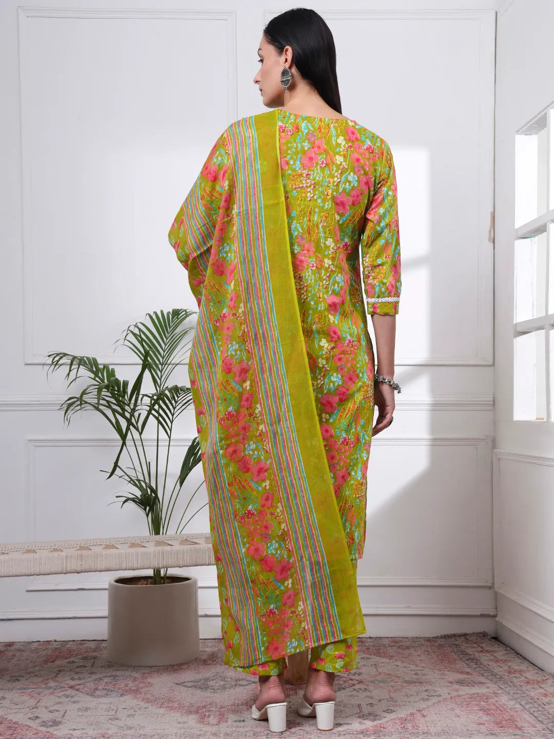 Green Floral Print Straight Kurta Trouser Dupatta Set-Yufta Store-6438SKDGRM