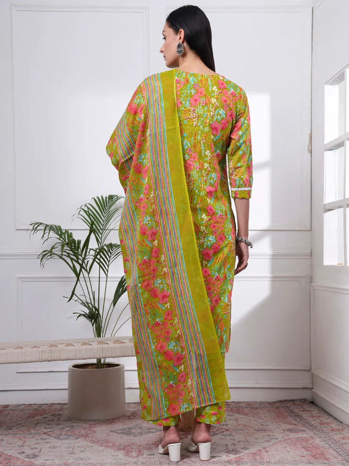 Green Floral Print Straight Kurta Trouser Dupatta Set-Yufta Store-6438SKDGRM
