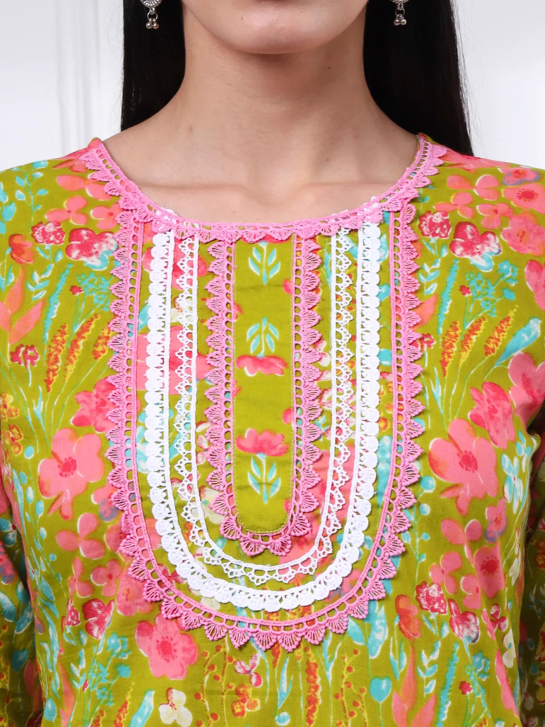 Green Floral Print Straight Kurta Trouser Dupatta Set-Yufta Store-6438SKDGRM