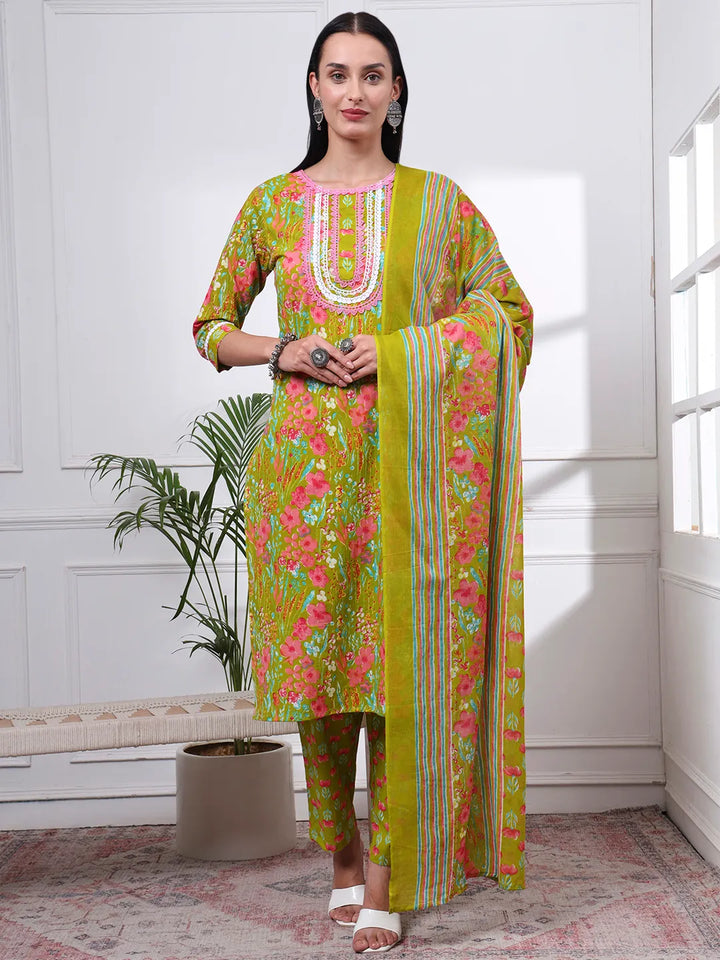 Green Floral Print Straight Kurta Trouser Dupatta Set-Yufta Store-6438SKDGRM