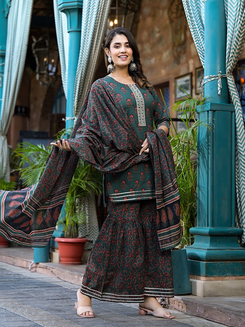 Green Floral Zari Work Kurta Sharara With Dupatta Set – Yufta Store