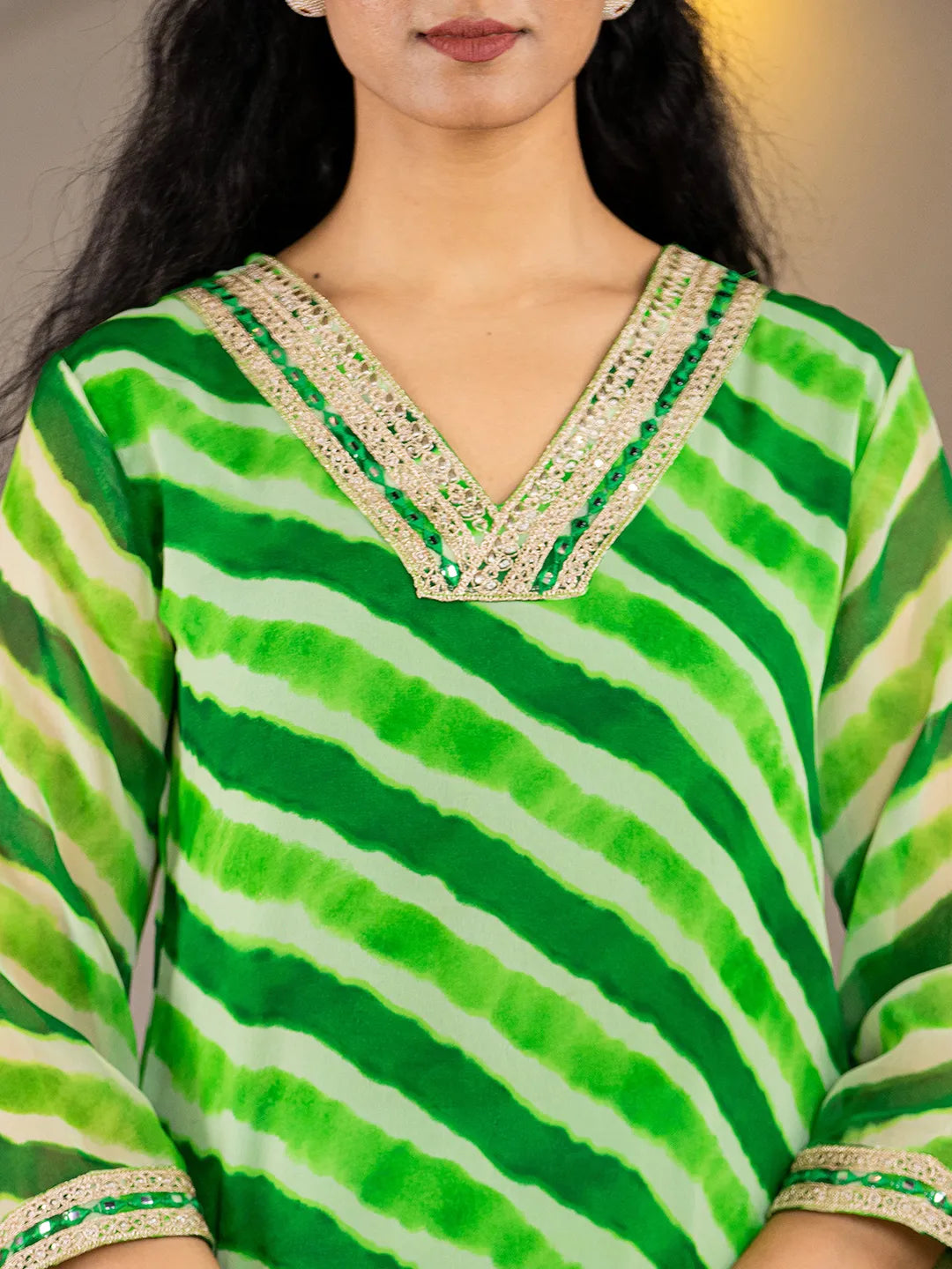 Green Georgette Lehriya Kurta-Yufta Store-6989KURGRS