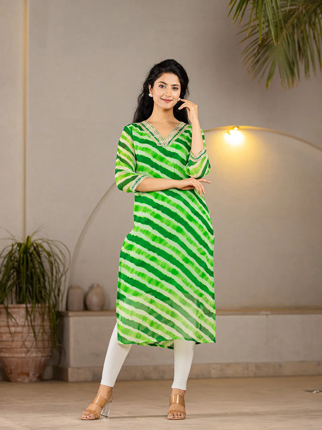 Green Georgette Lehriya Kurta-Yufta Store-6989KURGRS