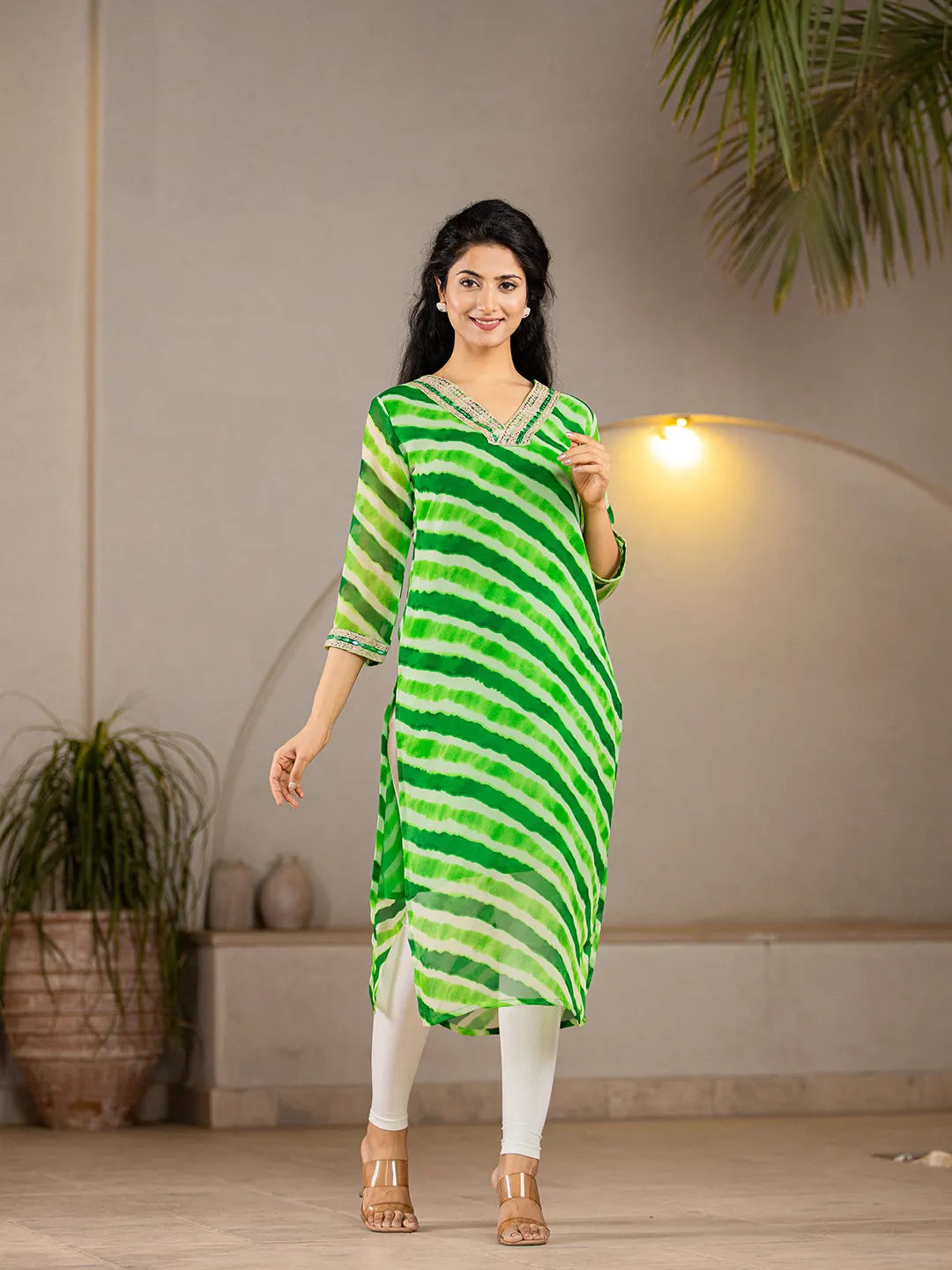 Green Georgette Lehriya Kurta-Yufta Store-6989KURGRS