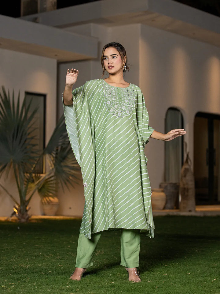 Green Leheriya Embroidered Kaftan Kurta Set-Yufta Store-6898SETGRS