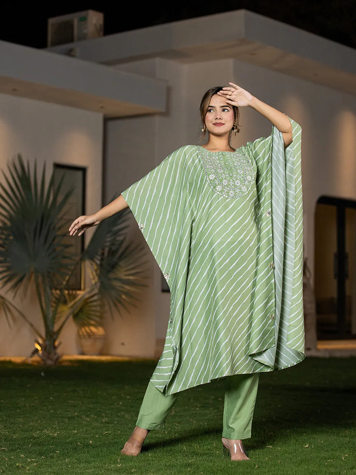 Green Leheriya Embroidered Kaftan Kurta Set-Yufta Store-6898SETGRS