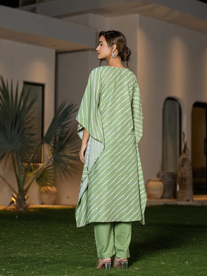 Green Leheriya Embroidered Kaftan Kurta Set-Yufta Store-6898SETGRS