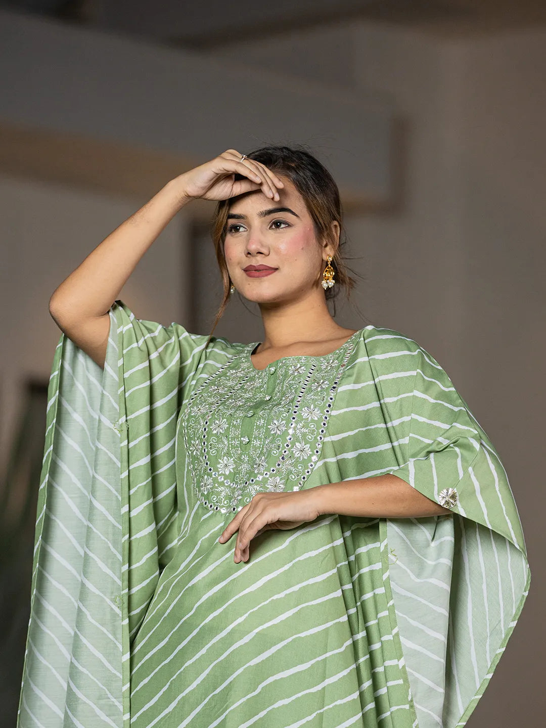 Green Leheriya Embroidered Kaftan Kurta Set-Yufta Store-6898SETGRS