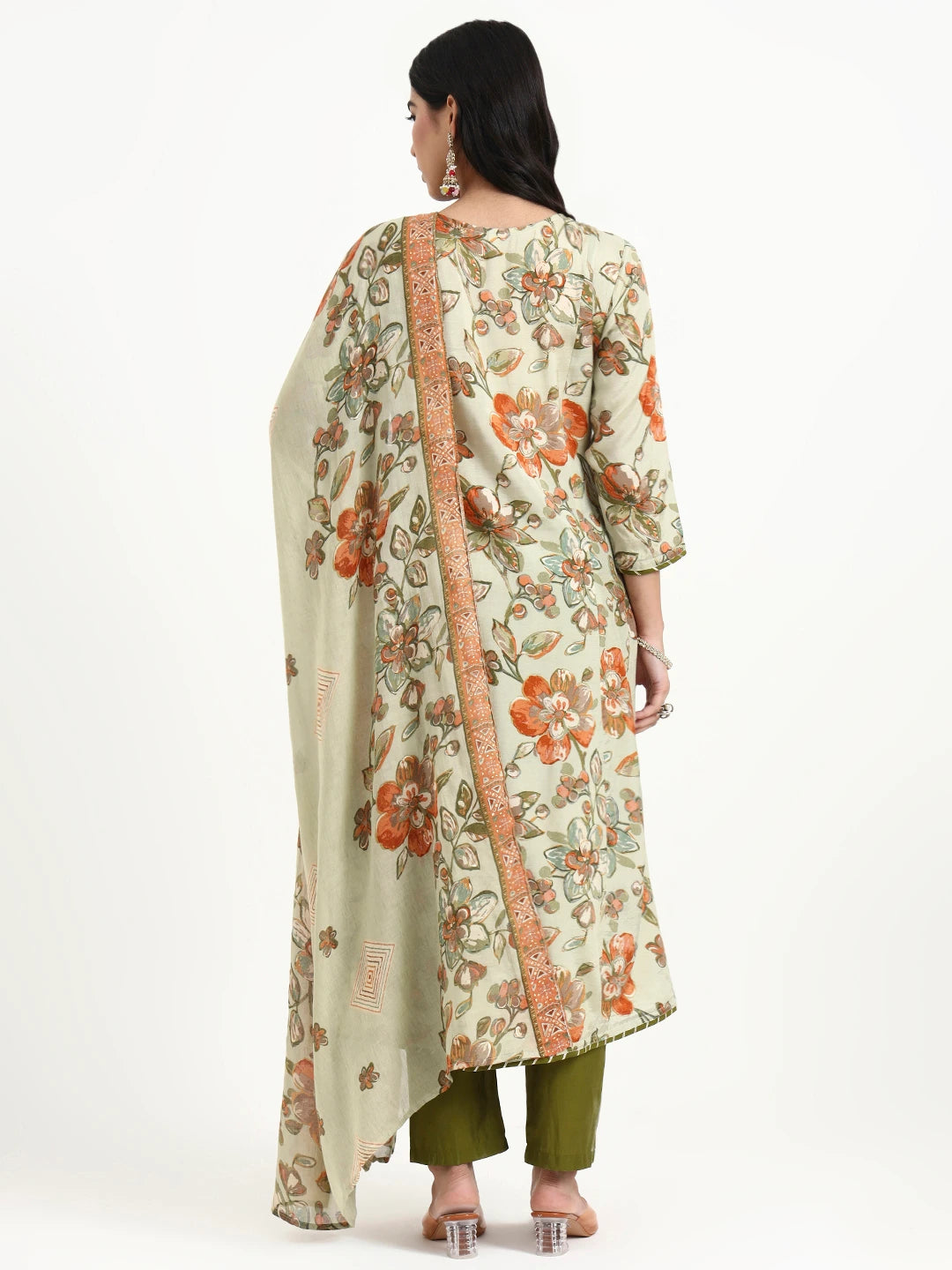 Green Lensing A Line Kurta Trouser Dupatta Set