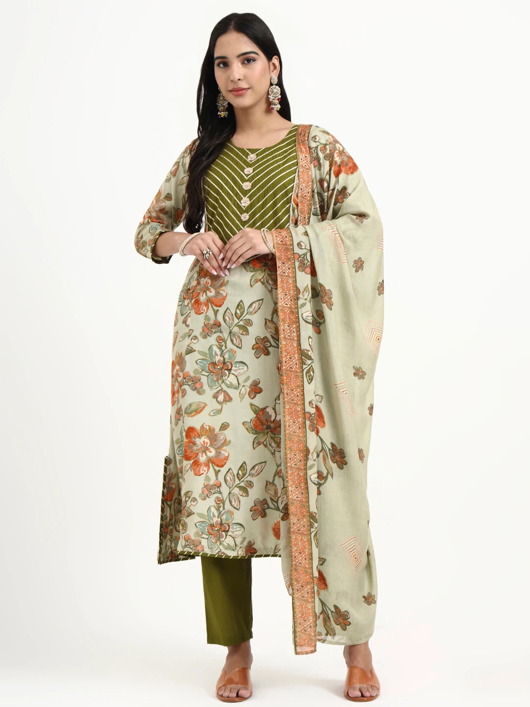 Green Lensing A Line Kurta Trouser Dupatta Set