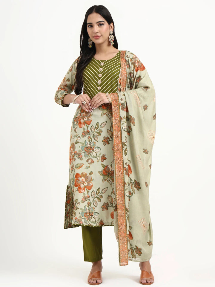 Green Lensing A Line Kurta Trouser Dupatta Set