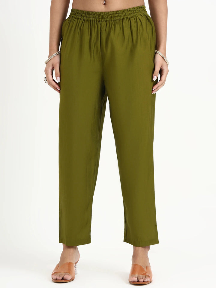 Green Lensing A Line Kurta Trouser Dupatta Set