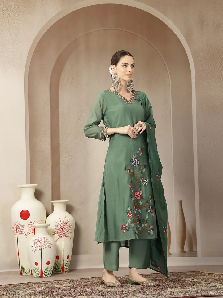Green Mul Chanderi Embroidery A-Line Kurta Trouser Dupatta Set