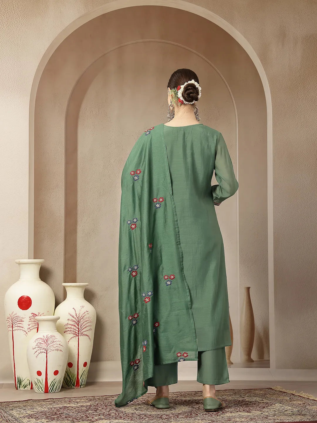 Green Mul Chanderi Embroidery A-Line Kurta Trouser Dupatta Set