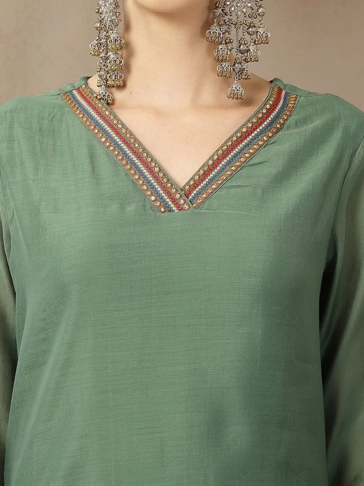 Green Mul Chanderi Embroidery A-Line Kurta Trouser Dupatta Set