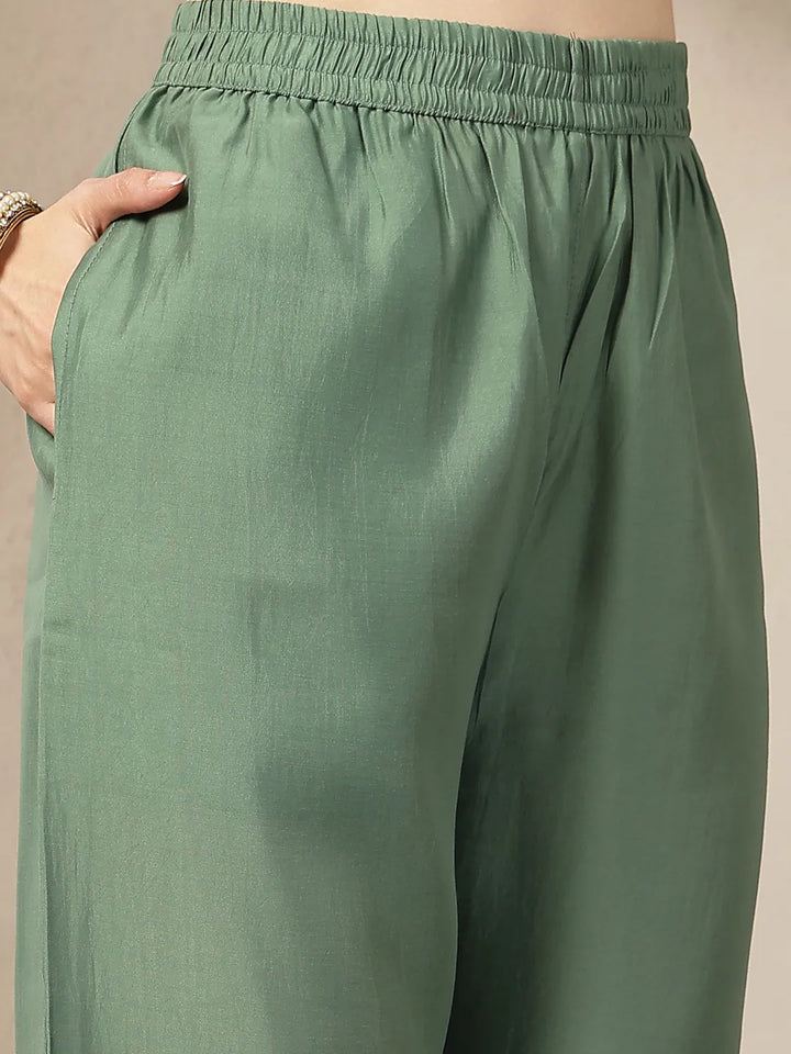 Green Mul Chanderi Embroidery A-Line Kurta Trouser Dupatta Set