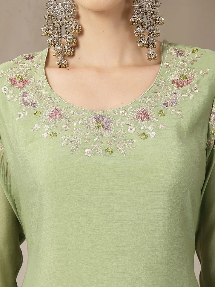 Green Mul Chanderi Silk Embroidery A-Line Kurta Trouser Dupatta Set