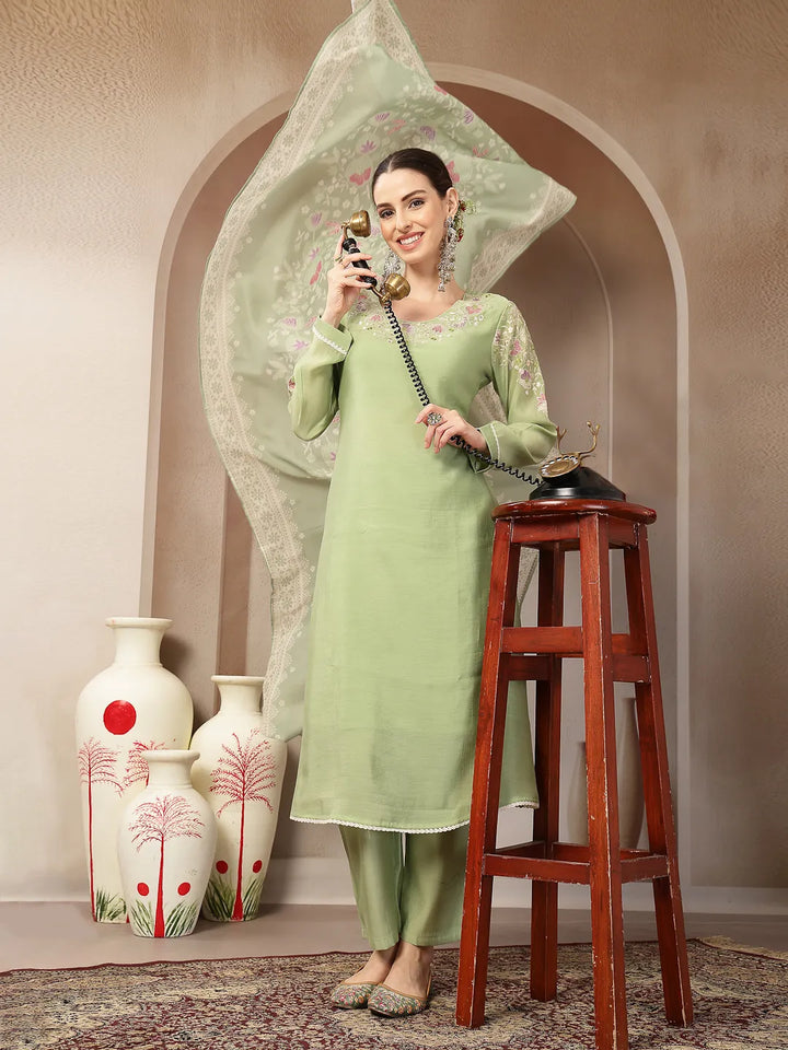 Green Mul Chanderi Silk Embroidery A-Line Kurta Trouser Dupatta Set
