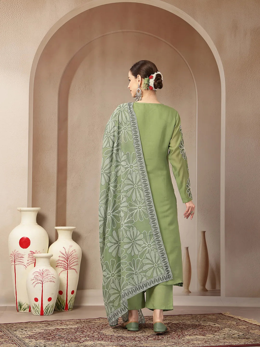 Green Mul Chanderi Silk Keyhole Neck A-Line Kurta Trouser Dupatta Set