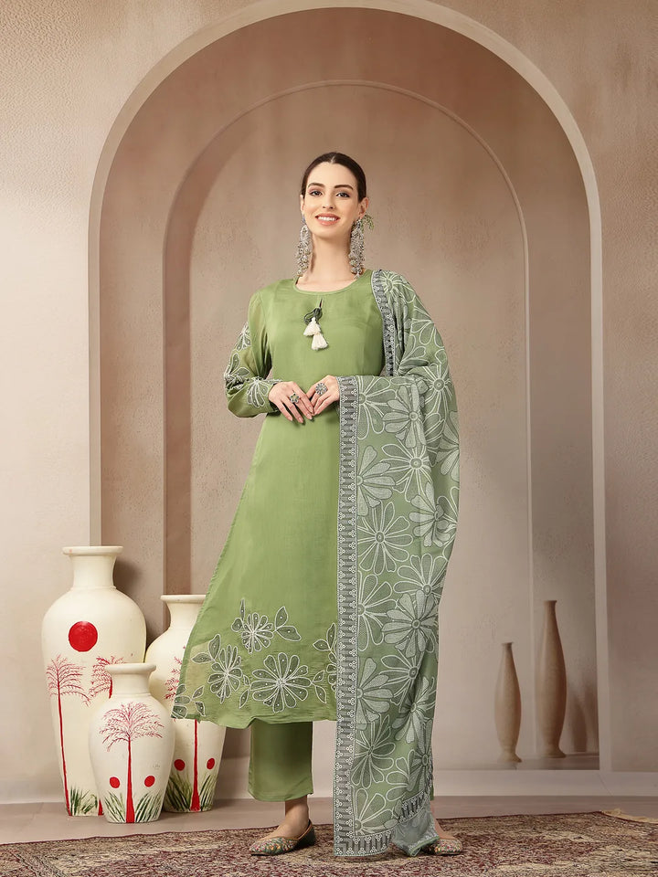 Green Mul Chanderi Silk Keyhole Neck A-Line Kurta Trouser Dupatta Set