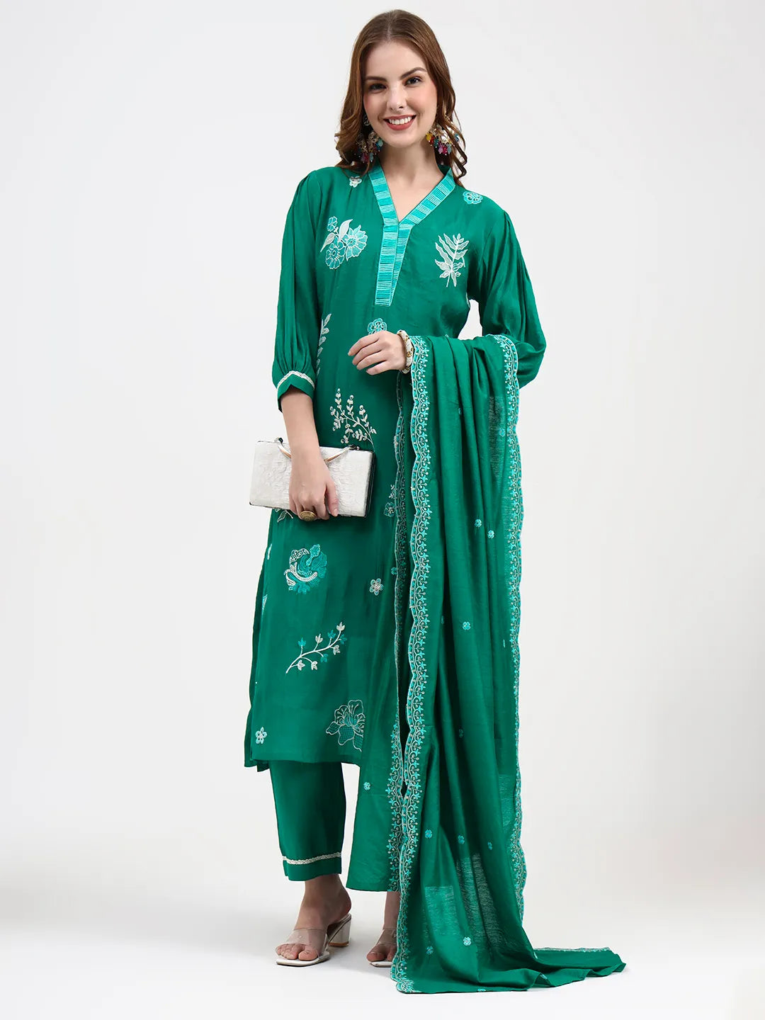 Green Mul Chanderi Thread Work Sequins Work Straight Kurta Trouser Dupatta Set