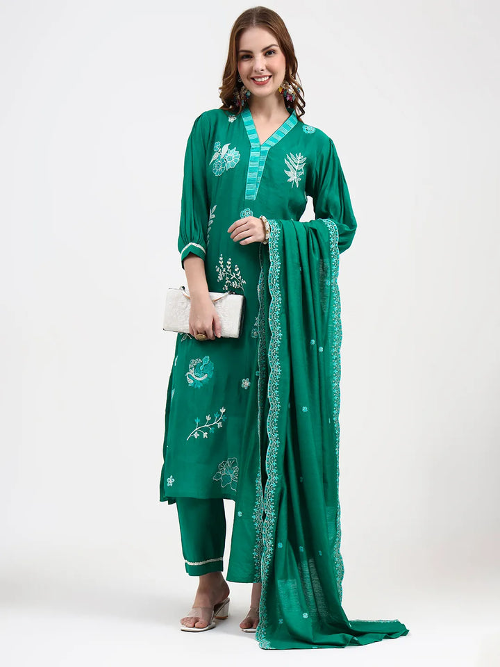 Green Mul Chanderi Thread Work Sequins Work Straight Kurta Trouser Dupatta Set