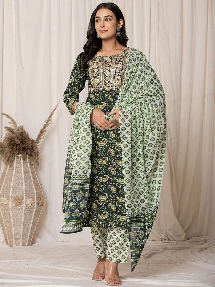 Green Paisley Pure Cotton Straight Kurta And Trouser With Dupatta Set-Yufta Store-7142SKDGRS