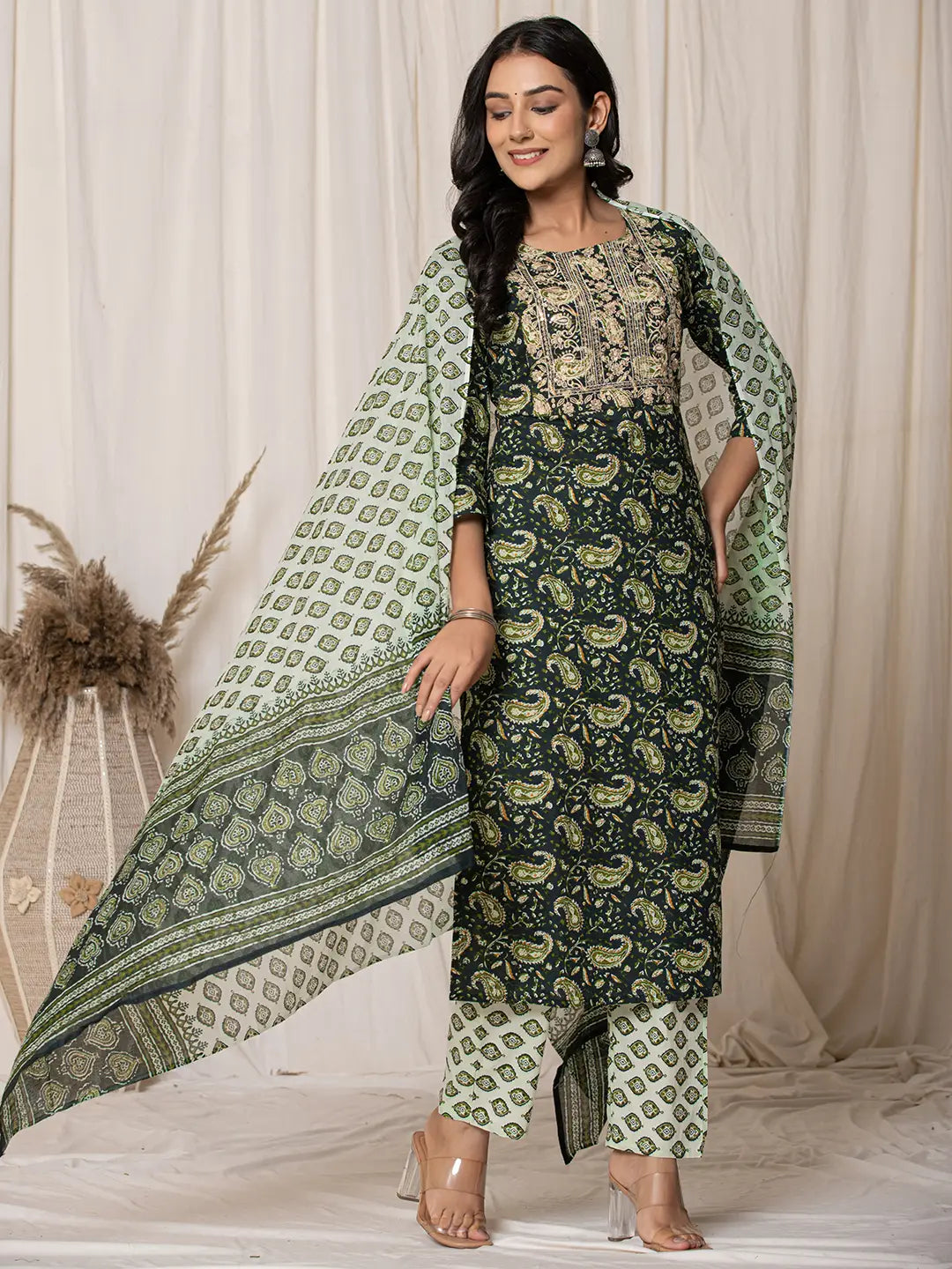 Green Paisley Pure Cotton Straight Kurta And Trouser With Dupatta Set-Yufta Store-7142SKDGRS