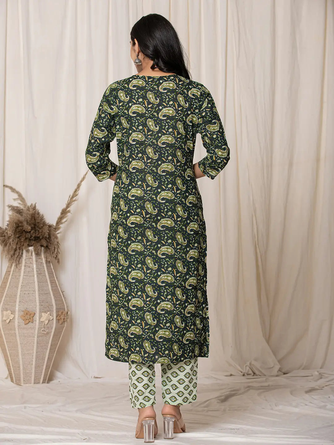 Green Paisley Pure Cotton Straight Kurta And Trouser With Dupatta Set-Yufta Store-7142SKDGRS